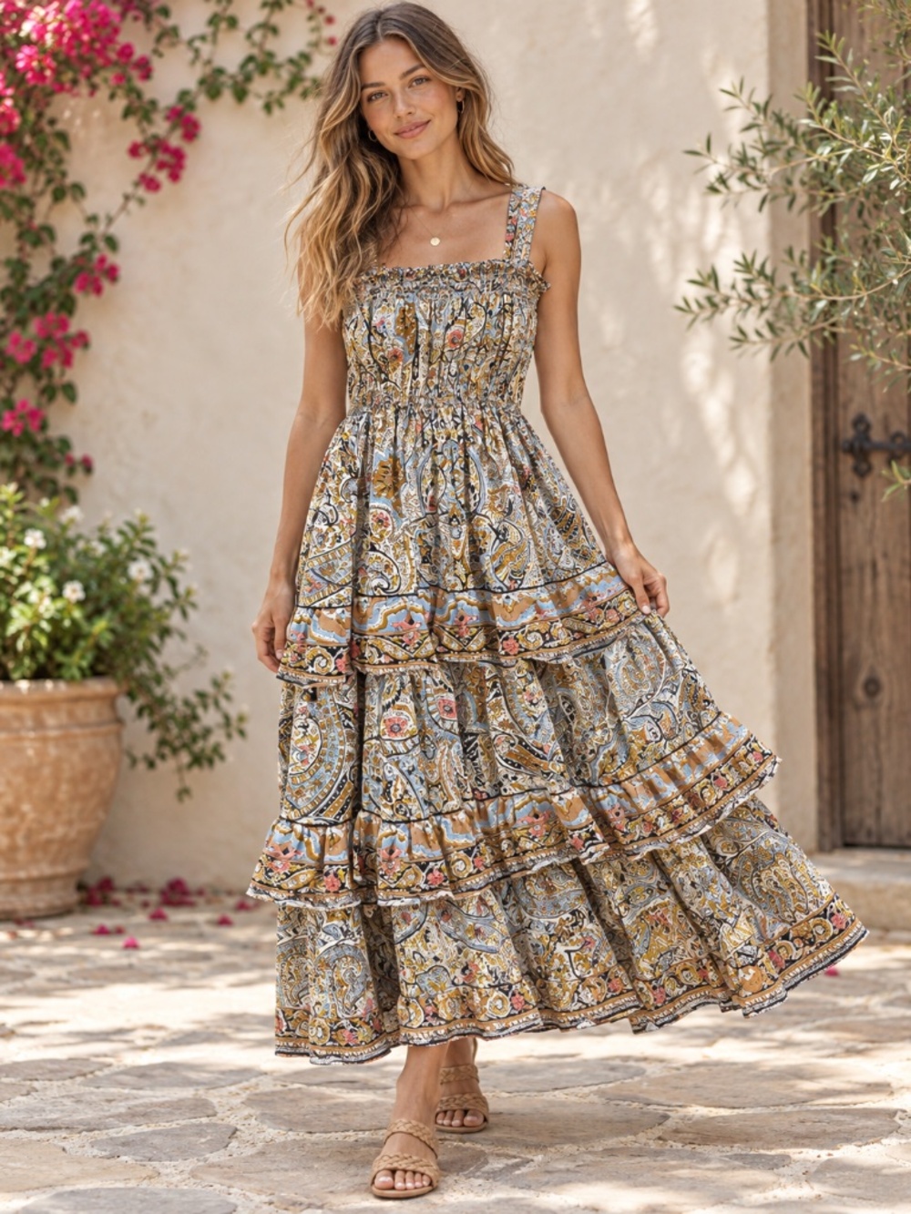 Cleobella Organic Cotton Paisley Smocked Tiered Maxi Dress M
